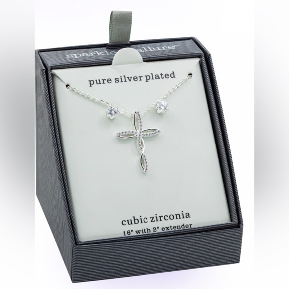 Sparkle Allure CZ Pure Silver Cross 3 piece  jewelry Set Studd earrings - Picture 9 of 9